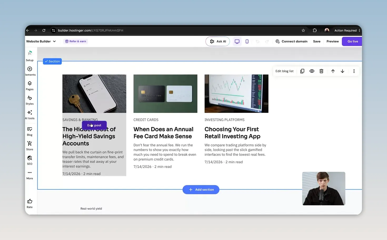 Website builder showing a financial comparison article layout
